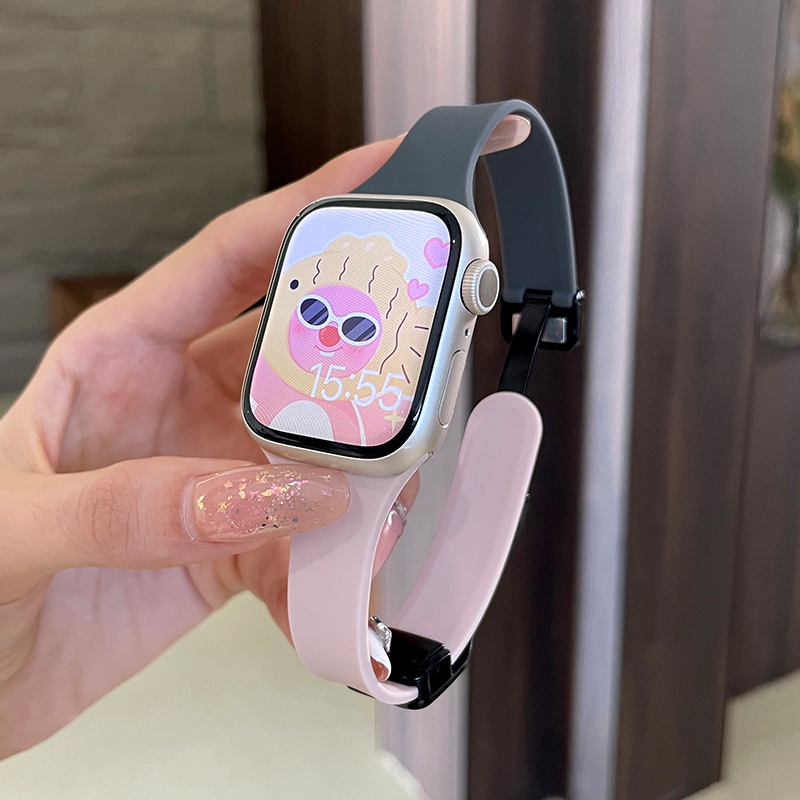 夏天细款拼色硅胶磁吸扣适用iwatch8/9苹果表带applewatch765se女-图2