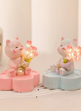 高级感diy手工猫咪郁金香小夜灯摆件客厅儿童房卧室女生生日礼物