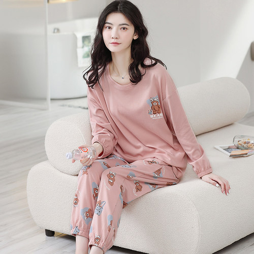 100%纯棉睡衣女士秋冬季2025年新款长袖束脚休闲家居服可外穿套装 - 图0