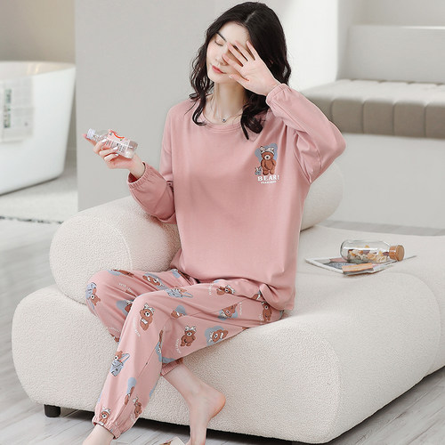100%纯棉睡衣女士秋冬季2025年新款长袖束脚休闲家居服可外穿套装 - 图1