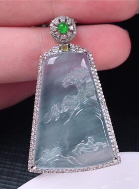 天然冰种玉髓白翡翠银镶玉山水牌招财运转运护身符项链吊坠挂件