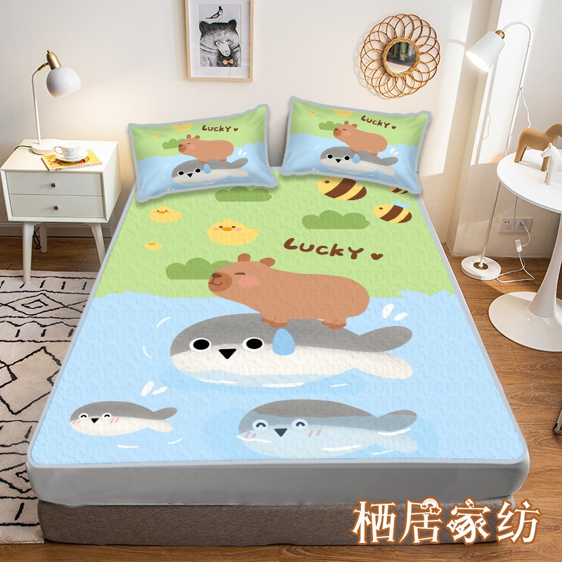 卡皮巴拉冰丝席三件套床笠款夏季凉席单双人透气软席子卧室可水洗 - 图3