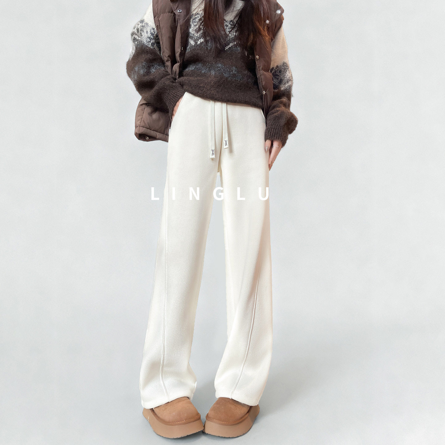 高端羊羔绒阔腿裤女冬天加厚大码卫裤女士白色直筒裤冬季加绒裤子,淘宝优惠券,粉丝福利购,淘宝优惠卷
