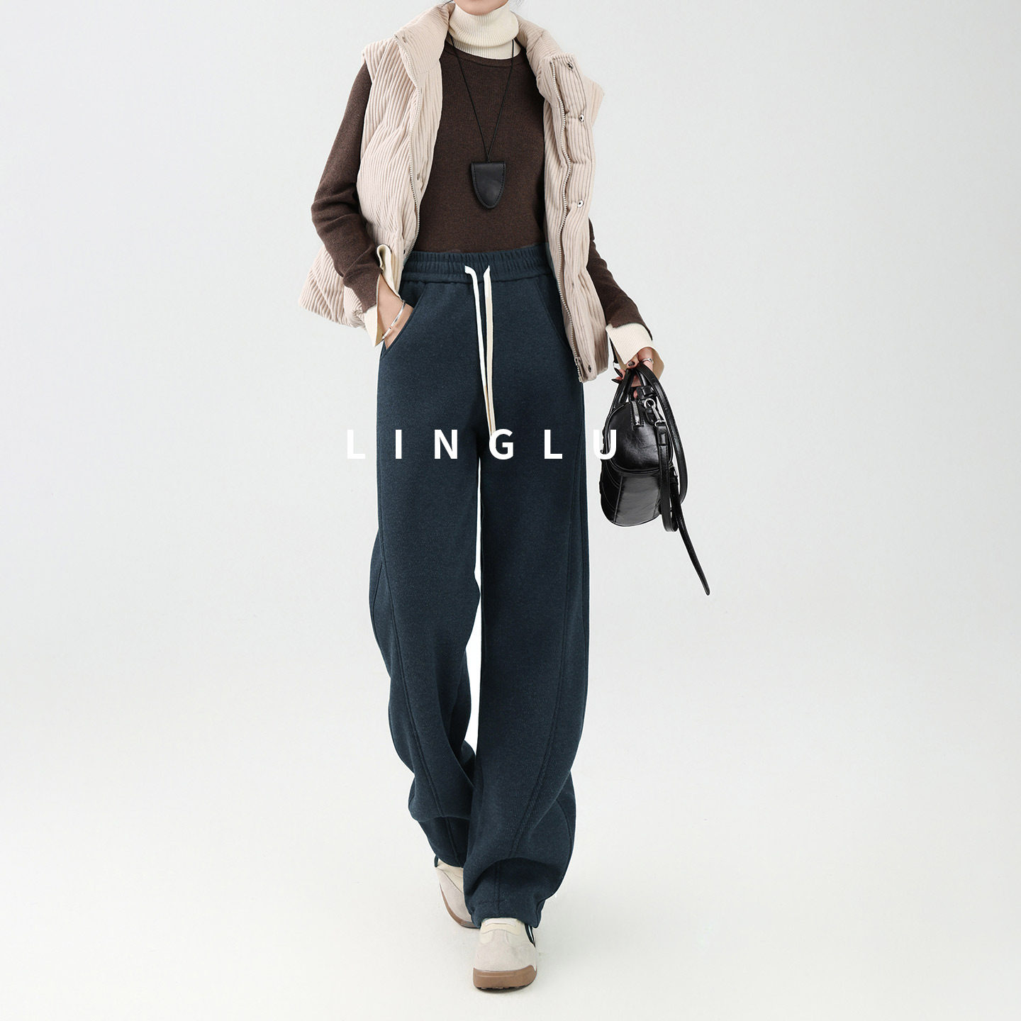 【老钱风范】美拉德冬季羊羔绒裤子女加厚运动卫裤咖色加绒阔腿裤,淘宝优惠券,粉丝福利购,淘宝优惠卷