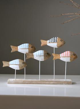 创意地中海风鱼群彩色实木雕刻鱼摆设样板房软装电视柜摆台装饰品