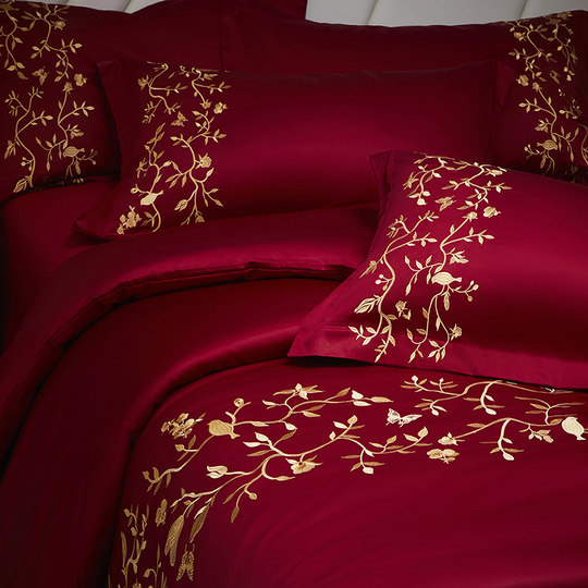 高端婚庆四件套100S长绒棉红色刺绣被套纯棉床单结婚礼物床上用品