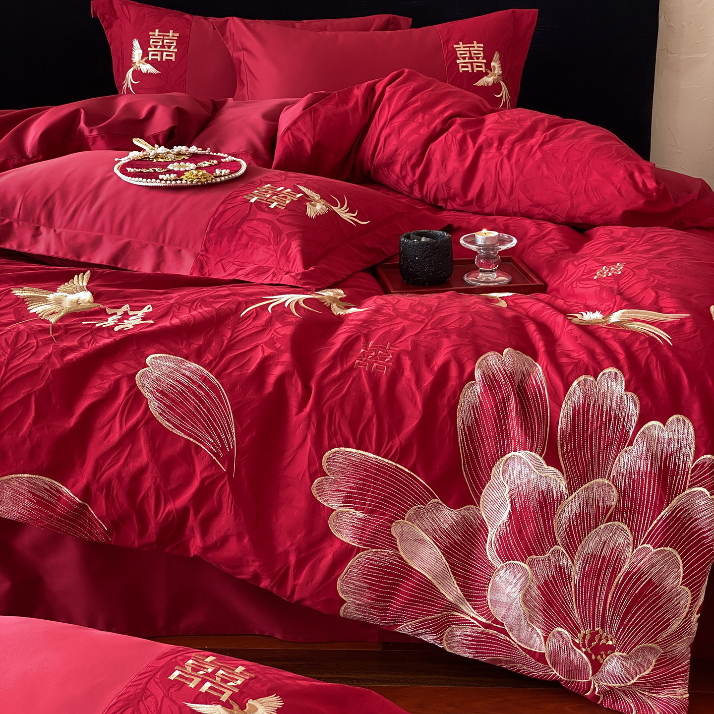 馨荷家纺中式长绒棉婚庆四件套红色喜字被套纯棉结婚陪嫁床单床品,淘宝优惠券,粉丝福利购,淘宝优惠卷