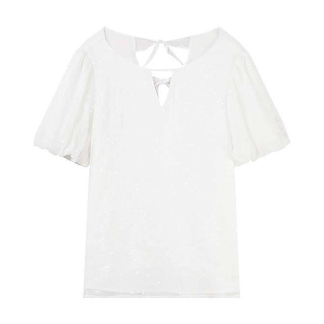 Qiushui Yiren niche high-end sequin embroidered round neck chiffon shirt 2026 summer new style women's sweet puff sleeve top