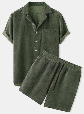 S-2XL Men Corduroy Sets Short Sleeve Lapel Button Shirts