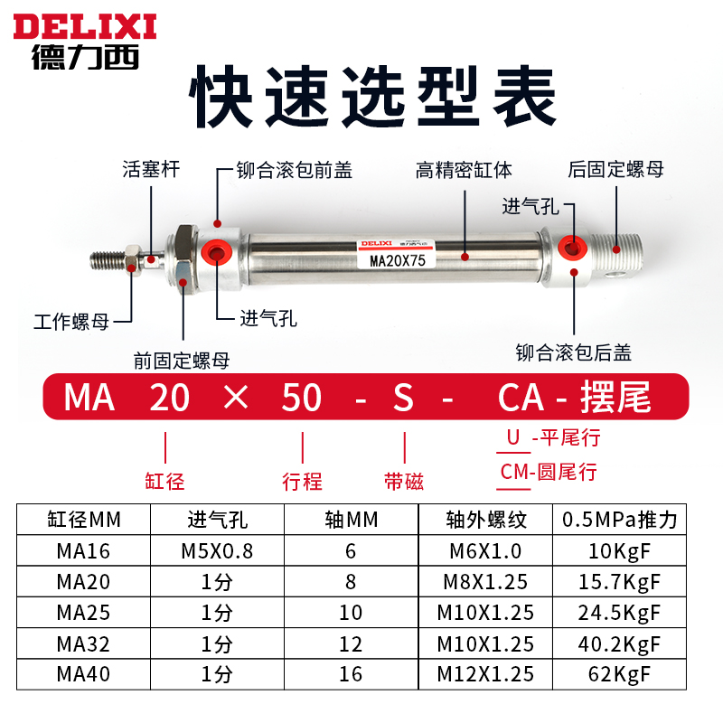 德力西气动小型迷你不锈钢气缸MA16-20-25-32-40-50-75-100-125-S - 图0