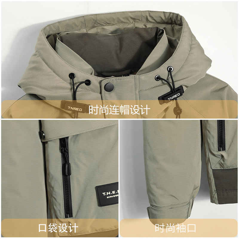 雪中飞户外工装羽绒服男短款连帽2024新款冬季时尚撞色羽绒袄外套