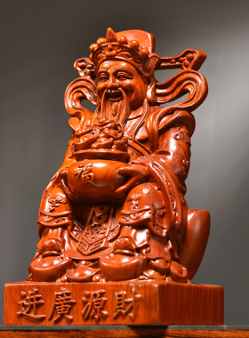 花梨木雕文财神佛像摆件新中式