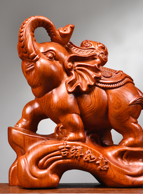 木雕大象摆件一对实木福禄如意象