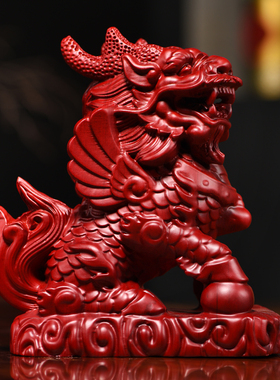 飞天实木质一对客厅玄关麒麟摆件