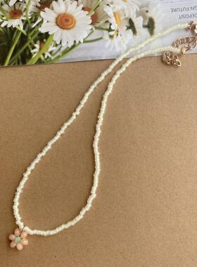 韩国东大门ins风彩色串珠花朵项链 少女风彩虹花朵项链定制