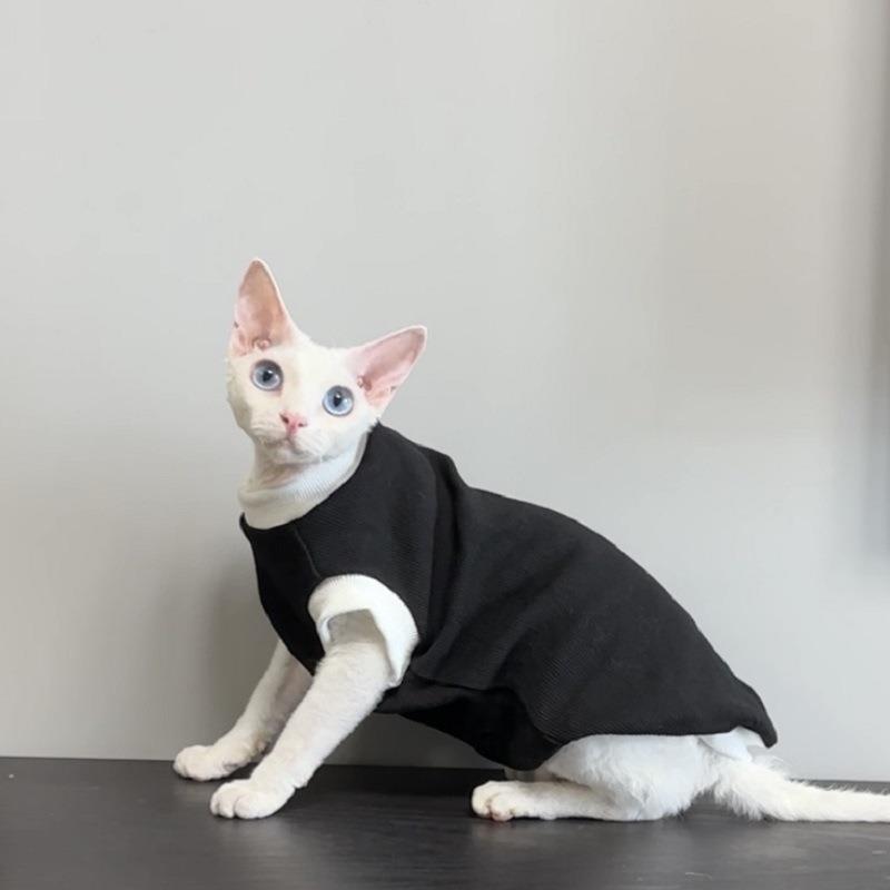 德文斯芬克斯宠物衣服黑白拼色螺纹打底阿比豹猫小八总简约两脚服 - 图1