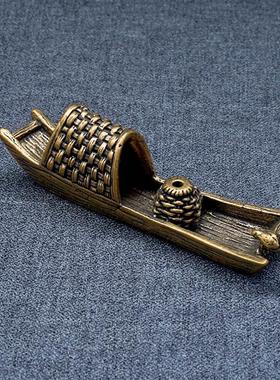 做旧乌篷船创意香插传统渔船桌面摆件茶宠古玩杂项老铜器