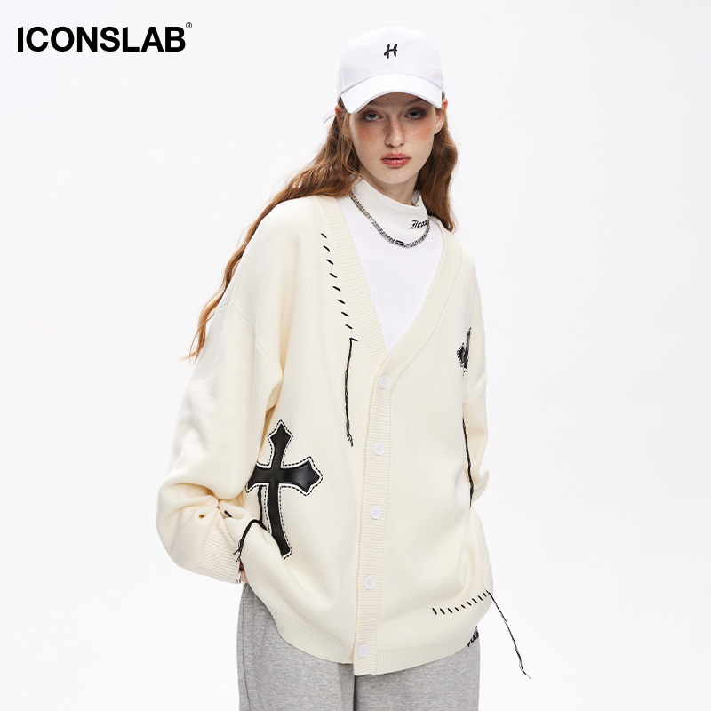 【张云雷同款】iconslab V领针织开衫十字提花毛衣男女同款潮春季