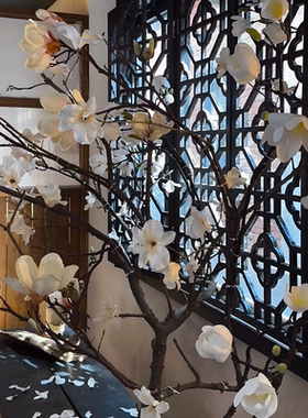 中式高级会所餐厅玉兰花窗景古风