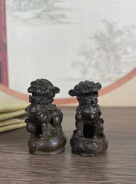 仿古玩收藏铜合金狮一对宫门狮子吉祥鼓狮对狮小号铜狮子桌面摆件