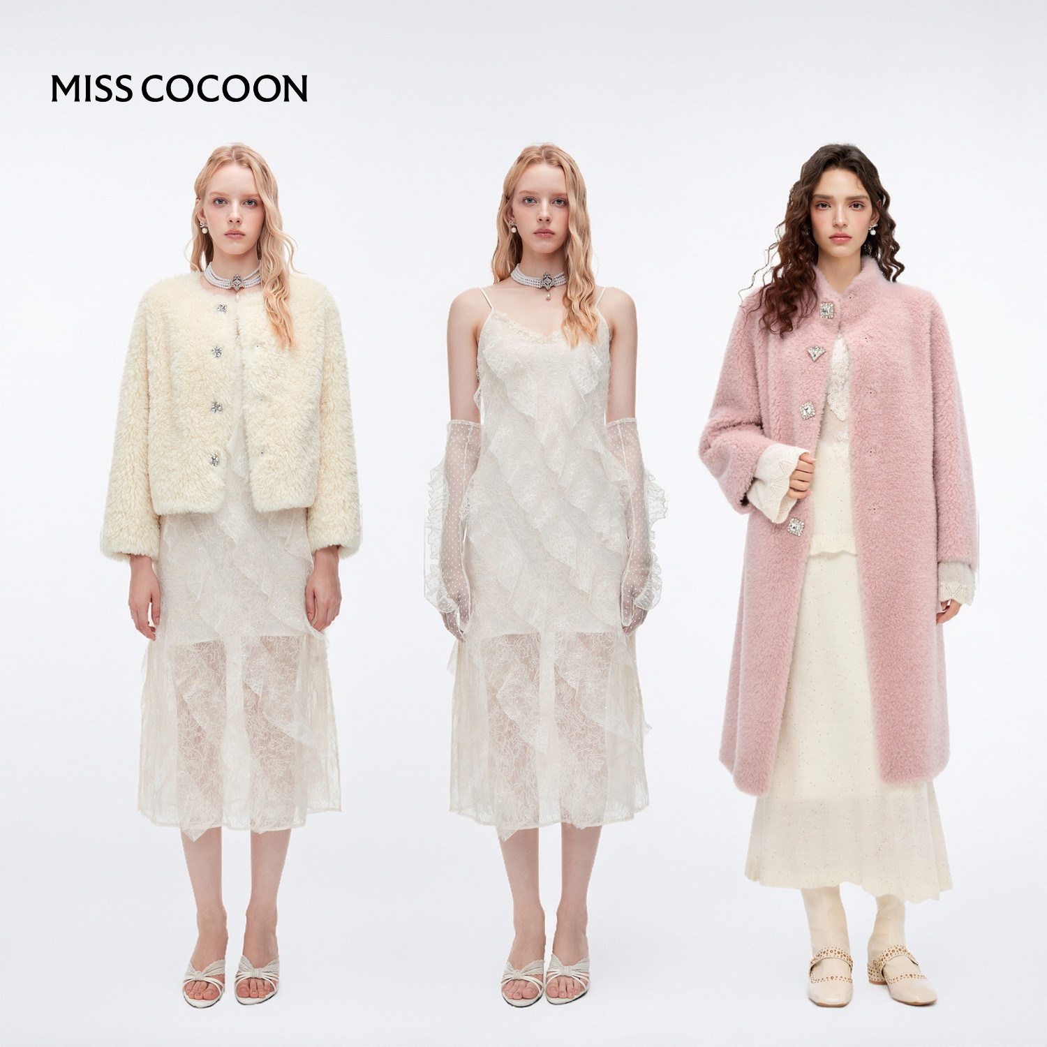 MISSCOCOON绒感蕾丝V领吊带裙层叠花边含内衬春新款,淘宝优惠券,粉丝福利购,淘宝优惠卷