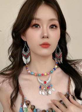 复古民族风月牙叶子流苏额饰异域