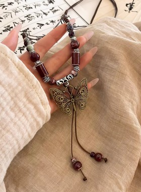 新中式长款古铜螺纹圆盘项链