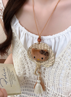 可爱KT蒲扇流苏项链女夏天