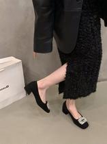 Boomer Style Mid Heel Black Commuter Single Shoe Woman Shoes 2023 Fall New Temperament Water Drill Square Head Working Shoes