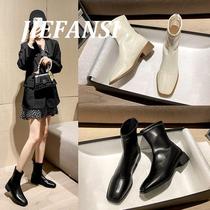 JIEFANSI Hong Kong 2023 Autumn Winter New Breathable Short Boots Woman Coarse Heel Rear Zipper Heel Square Head Fashion Boots
