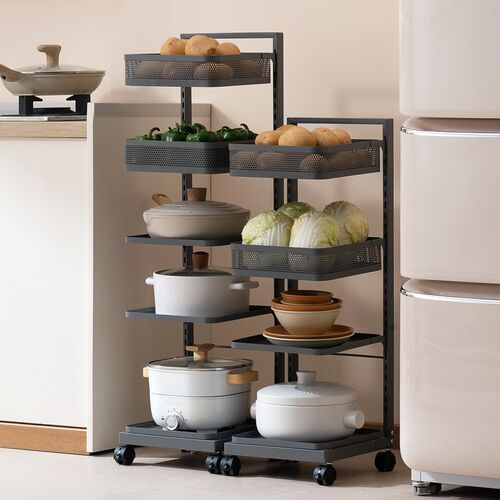 厨房置物架家用落地式锅架多层果蔬菜篮子小推车多功能锅具收纳架 - 图1