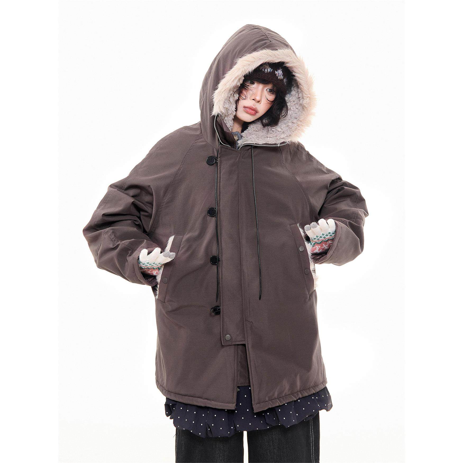 MKGO美式覆古座山雕毛领中长款棉服女冬季新款保暖加厚宽松厚外套,淘宝优惠券,粉丝福利购,淘宝优惠卷