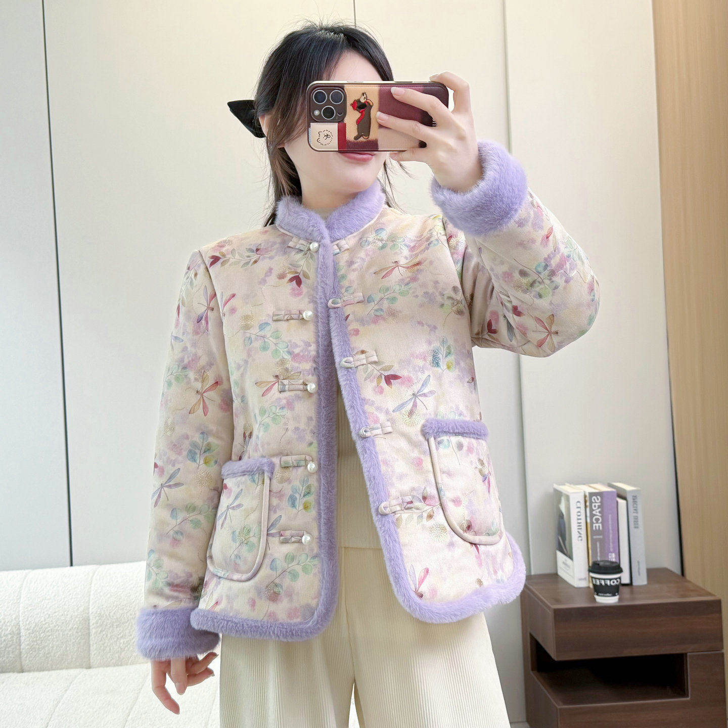 新中式国风立领珍珠扣碎花棉服女2025冬季加绒加厚洋气毛绒领棉袄,淘宝优惠券,粉丝福利购,淘宝优惠卷