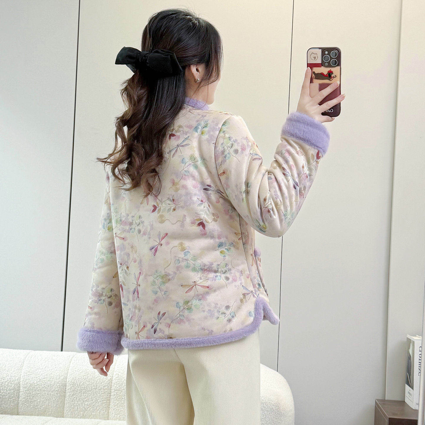 新中式国风立领珍珠扣碎花棉服女2025冬季加绒加厚洋气毛绒领棉袄,淘宝优惠券,粉丝福利购,淘宝优惠卷