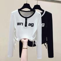 South Korea 2023 new white long sleeve t-shirt female pure cotton Skinky short and short drawing rope blouses for the undershirt