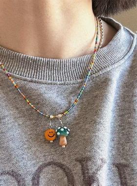 吃定彩虹~ 手作小蘑菇串珠项链极细自由搭配秋冬多巴胺卫衣链