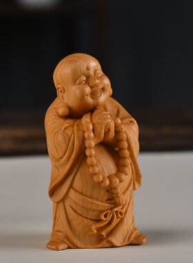 崖柏木雕念珠弥勒佛笑佛像手把件汽车摆件实木恭喜发财工艺品H01