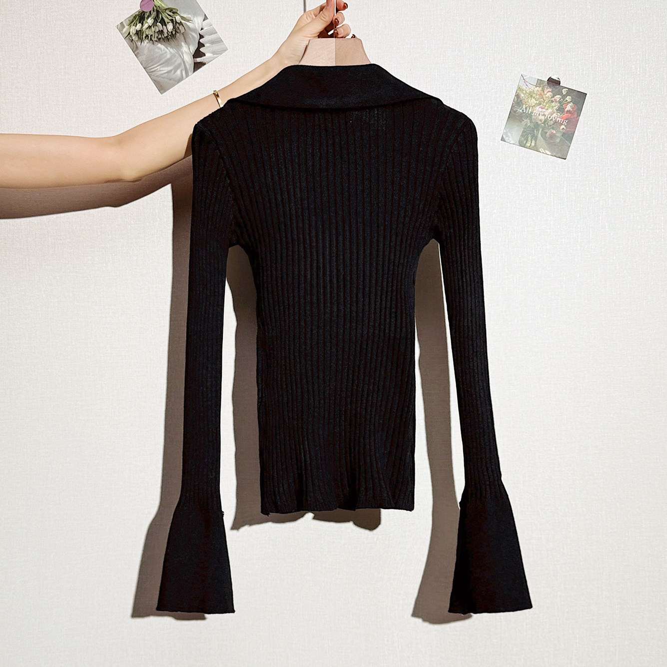 拉夏贝尔春新款黑色长袖v领针织开衫女喇叭袖上衣内搭气质打底衫,淘宝优惠券,粉丝福利购,淘宝优惠卷