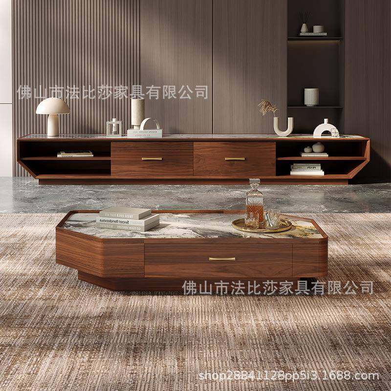 新中式乌金木岩板茶几电视柜简约现代客厅北美黑胡桃木色抽屉储物,淘宝优惠券,粉丝福利购,淘宝优惠卷