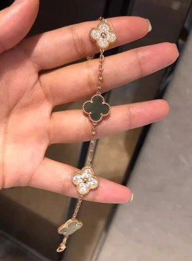 18K金黄金手链女款四叶草孔雀石白贝母黑玛瑙镶钻满钻五花手链女
