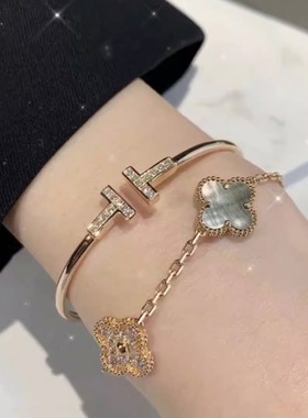 欧美双T手镯18K金手镯头镶钻无钻开口手环时尚白贝母手镯女戒指