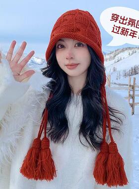 手工针织流苏帽护耳包头百搭