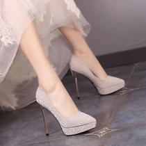 Hong Kong Ultra High Heels Womens Shiny Sheet Waterproof Bench Single Shoes Woman 2023 Fall New Fine with Gold and Silver Wedding Shoes Women