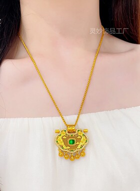 新中式越南沙金点钻珐琅彩天子门生锁包项链绿玉髓流苏毛衣链送女