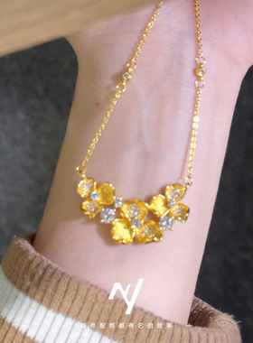 越南沙金镶钻鸢尾花项链女金店同款高级感久不掉色花朵锁骨链耳钉