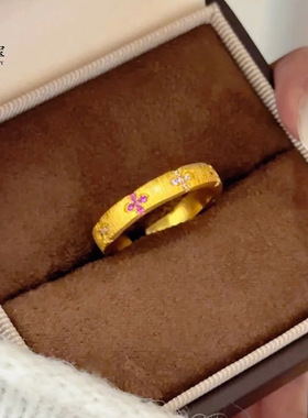 金店同款沙金点钻拉丝玫红白钻四叶草开口戒指百搭气质送女友礼物