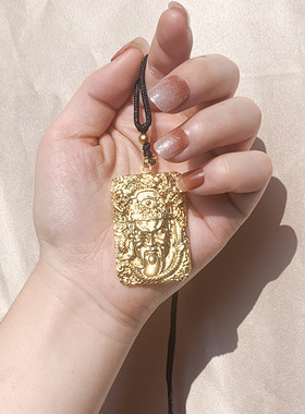 古法沙金中国风关公方牌项链霸气男士黄金吊坠立体关二爷吊牌饰品