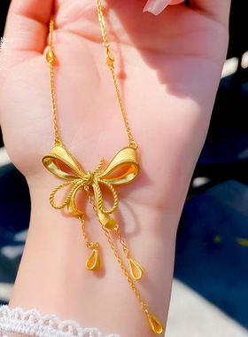 新款久不掉色越南沙金丝带蝴蝶结锁骨锡金项链女款黄金项坠