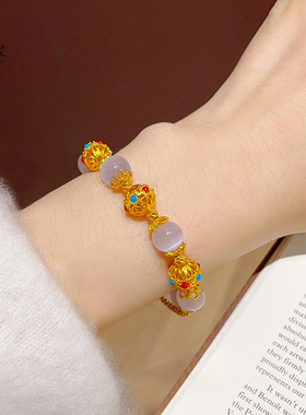 新中式古法越南沙金珐琅彩幻紫花珠猫眼手链花丝珠手串复古送女友