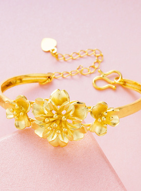 镀金饰品开口多层花朵喷沙手环女仿金首饰时尚百搭沙金手镯